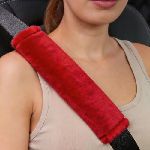 Amooca 2-Pack Soft Furry Universal Seatbelt Cover Car Shoulder Pad - color: Red, size: 10.5in 2pack