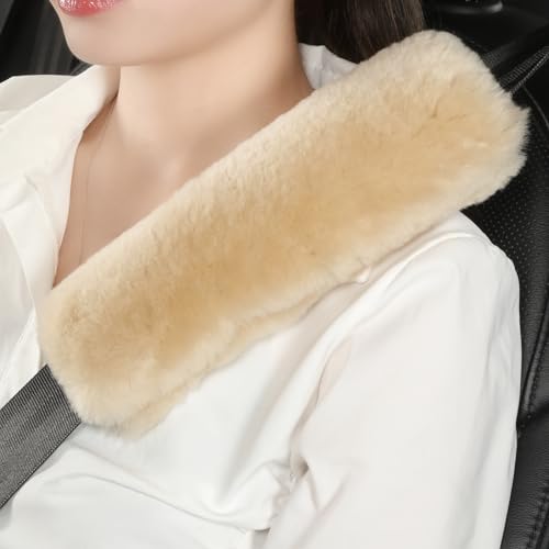 AOGELAN 2 Pack Fluffy Fuzzy Genuine Sheepskin Car Seat Belt Cover, Seatbelt Cushion for Soft Auto Lambswool Shoulder Strap Cushion Adults (2, Bamboo) - color: Bamboo