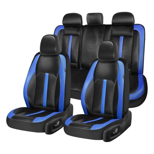 Coverado Leather Car Seat Covers Full Set & Carbon Fiber, Waterproof and Durable All Weather Protector, Universal Fit for SUV, Pickup Truck, Sedan, Automotive Vehicle Interior, Black&Blue - color: CF-Black&Blue, size: FullSet