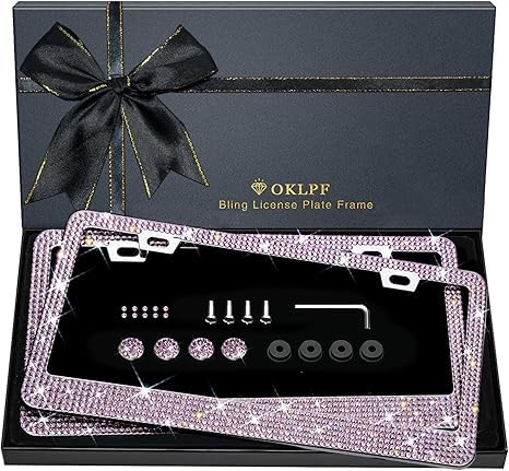 OKLPF Pink Bling License Plate Frames for Women, 2 Pack, Clear Rhinestone - color: pink
