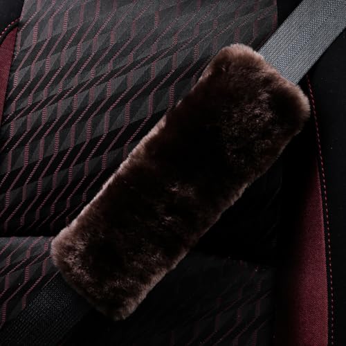 AOGELAN Fluffy Fuzzy Genuine Sheepskin Car Seat Belt Covers for Soft Auto Lambswool Seatbelt Pads, Shoulder Strap Cushion Adults Kids (2, Brown) - color: Brown