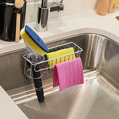 3-In-1 Sponge Holder for Kitchen Sink with Suction Cups & Adhesive Hook , In-sink Sponge Holder, Wall Hanging Sink Caddy Organizer Rack - Sponge, Dish Cloth, Brush, Scrubber - 304 Stainless Steel - color: Silver