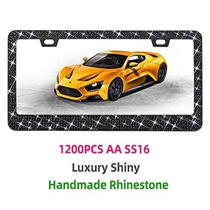 Bling Rhinestone License Plate Frame for Women，Diamond Sparkly Frames| Stainless Steel Frames & Over 1200 pcs Finest 14 Facets Black Glass Crystals Premium Diamond+GiftBox(Black) - color: BLACK