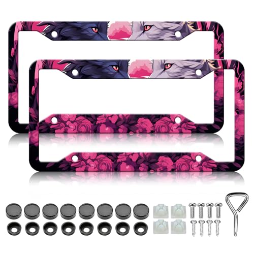 Romance Wolf License Plate Frames - 2 Pack Pink Flower License Plate Holder Covers, Aluminum Metal Car Tag Frame for US Canada Standard with Free Screws Fasteners Caps - color: Romance Wolf