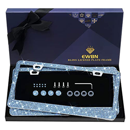 Bling Rhinestone License Plate Frame for Women 2PC, Sparkly License Plate Frames| Stainless Steel Frames & Over 1200 pcs Finest 14 Facets Glass Crystals Premium Diamond (Light Blue) - color: light blue-2PK