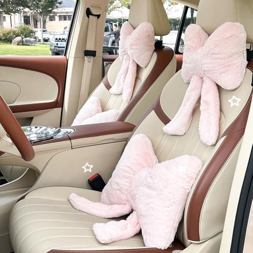 LYFJMUS 4 Pack Plush Bow Car Headrest Pillow and Lumbar Support Pillow Soft Butterfly Car Neck Pillows for Driving Cars Decor (Pink) - color: Pink