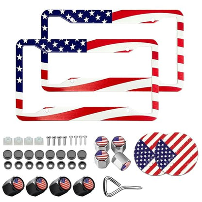 American Flag License Plate Frame Holder - 2 Pack Universal Aluminum US Flag Patriotic Car License Plate Frame with Screws Fasteners Caps, 8 Metal Car Valve Caps and 2 Cup Coaster - color: American flag A