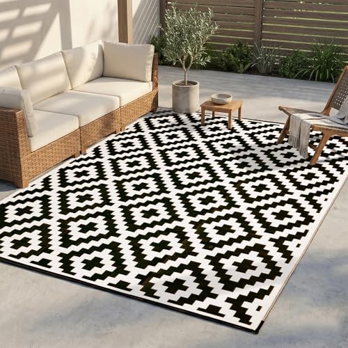 FH Home Outdoor Camping Rug - Waterproof, Fade Resistant, Reversible - Premium Recycled Plastic - Geometric - Patio, Deck, Sunroom, RV - Aztec - Black & White - 5 x 8 ft Foldable - color: Aztec - Black & White, size: 5' x 8' (Rectangular)