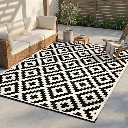 FH Home Outdoor Camping Rug - Waterproof, Fade Resistant, Reversible - Premium Recycled Plastic - Geometric - Patio, Deck, Sunroom, RV - Aztec - Black & White - 5 x 8 ft Foldable - color: Aztec - Black & White, size: 5' x 8' (Rectangular)