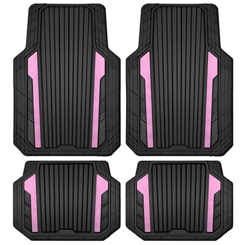 CAR PASS Heavy Duty Rubber Car Mats Metallic, Aluminum Film Cute All Weather Floor Mats Waterproof Universal Trim to Fit for SUV Sedan Van 4 Piece Deep Dish Two-Tone Sporty Black Light Pink Chrome - color: Black Light Pink