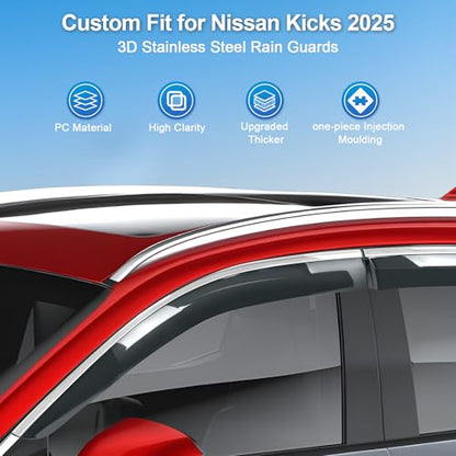 Sze Rain Guards Compatible with 2025 2026 Nissan Kicks Side Window Deflectors Anti-Rain Window Visors with Tape 304 Stainless Steel Trim–Noise Reduction & All-Weather Protection Outside Channel-4pcs - size: For Nissan Kicks 2025+