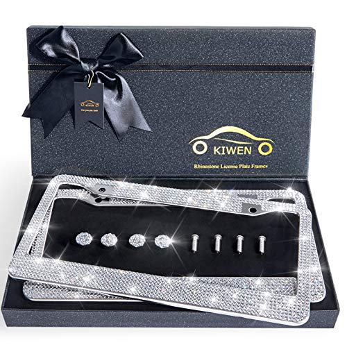 Bling License Plate Frames with High End Ribbon Gift Box,2 Pack Rhinestone License Plate Frame,Handcrafted Crystal Premium Stainless Steel Bling License Plate Frame for Women,Party,Birthday,Xms Gift - color: white