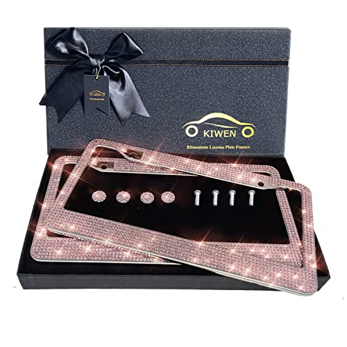 Bling License Plate Frames with High End Ribbon Gift Box,2 Pack Rhinestone License Plate Frame,Handcrafted Crystal Premium Stainless Steel Bling License Plate Frame for Women,Party,Birthday,Xmas Gift - color: pink rhinestones