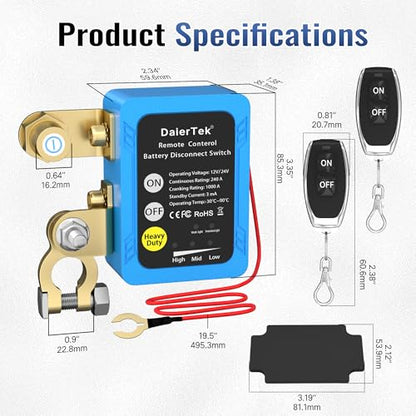 DaierTek Remote Battery Disconnect Switch 12V/24V 240A Kill Switch Automotive Cut Off Switches for Car Truck RV Boat - size: 240A