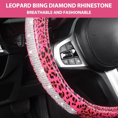 AUTOYOUTH Pink Bling Leopard Steering Wheel Cover Cheetah Print for Women - color: PINK