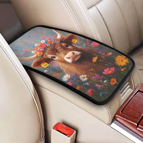 Universal Car Center Console Cushion Pad, Cute Highland Cow Flowers Soft Waterproof Car Center Console Cover Auto Armrest Seat Box Cover Protector for Most Vehicle SUV Truck Car - color: Cute Highland Cow Flowers