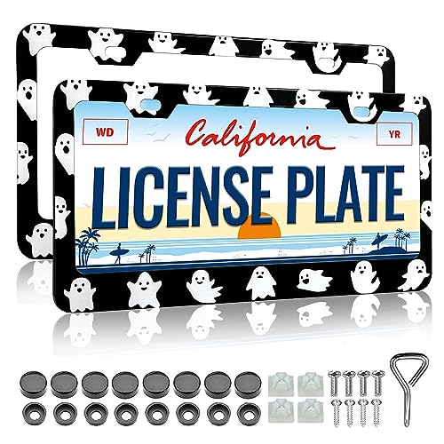 LIN KANG 2 Pack Cute Little Dancing Ghosts License Plate Frame - Car Plate Holder Cover Cute Ghost for Women Men Black Metal Tag Frame with Free Screws Fasteners Caps - color: Cute Little Dancing Ghosts