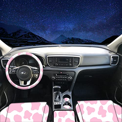 15 Pcs Car Steering Wheel Cover Center Console Armrest Pad Headrest Seat Belt Cover Handbrake Cover Keychain Coaster Full Set Car SUV (Pink Cow) - color: Pink Cow