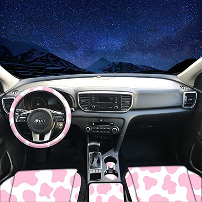 15 Pcs Car Steering Wheel Cover Center Console Armrest Pad Headrest Seat Belt Cover Handbrake Cover Keychain Coaster Full Set Car SUV (Pink Cow) - color: Pink Cow