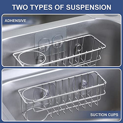 3-In-1 Sponge Holder for Kitchen Sink with Suction Cups & Adhesive Hook , In-sink Sponge Holder, Wall Hanging Sink Caddy Organizer Rack - Sponge, Dish Cloth, Brush, Scrubber - 304 Stainless Steel - color: Silver