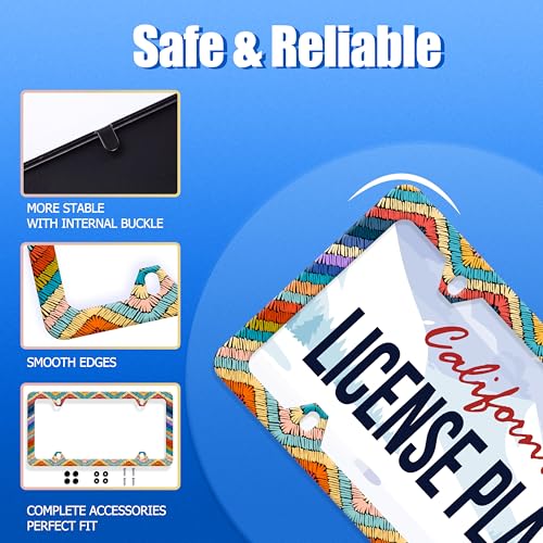 Boho License Plate Frame Stainless Steel Car Accessory 6.3x12.3 Inch - color: Colorful Boho Stripes