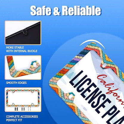 Boho License Plate Frame Stainless Steel Car Accessory 6.3x12.3 Inch - color: Colorful Boho Stripes