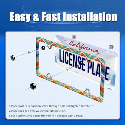 Boho License Plate Frame Stainless Steel Car Accessory 6.3x12.3 Inch - color: Colorful Boho Stripes