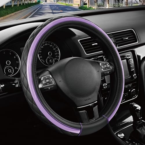 Road Comforts Leather Steering Wheel Cover – Black & Purple, Universal Fit 14.5-15 Inch, Microfiber Leather, Anti-Slip & Breathable Design for Men and Women - color: Purple