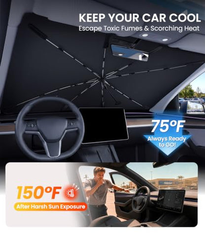 Zanch 2026 Upgraded Car Windshield Sun Shade [Cool Down by 75℉ ] with Heat Insulation Coating, Foldable Sunshade Umbrella Flexible Handle & Ribs, Medium (57''x32'') for Car, SUV, Truck, Van - size: Medium 57''x32''