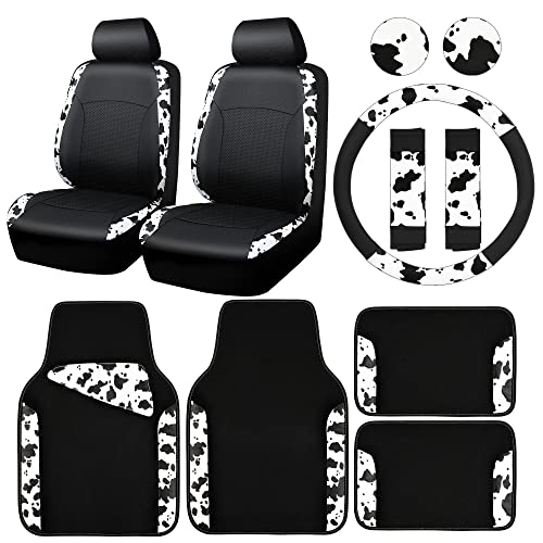CAR-PASS Cow Print Car Accessories Sets Faux Leather Car Seat Covers & Cow Car Mats & Cow Steering Wheel Cover Seat Belt Pads Universal fit for SUV,Van,Saden,Truck Cute Automobile Interior Sets Women - color: Cow Print Combo
