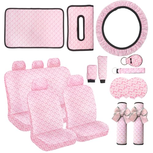 15 Pcs Pink Butterfly Car Steering Wheel Cover Center Console Armrest Pad Headrest Seat Belt Cover Handbrake Cover Keychain Coaster Full Set Car SUV - color: Pink Butterfly