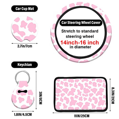 15 Pcs Car Steering Wheel Cover Center Console Armrest Pad Headrest Seat Belt Cover Handbrake Cover Keychain Coaster Full Set Car SUV (Pink Cow) - color: Pink Cow