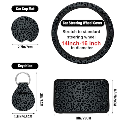 15 Pcs Black Leopard Print Printing Car Steering Wheel Cover Center Console Armrest Pad Headrest Seat Belt Cover Handbrake Cover Keychain Coaster Full Set Car SUV - color: Black