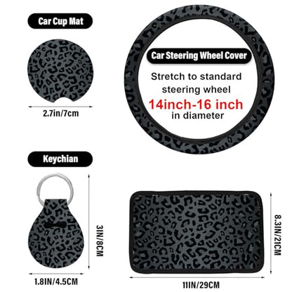 15 Pcs Black Leopard Print Printing Car Steering Wheel Cover Center Console Armrest Pad Headrest Seat Belt Cover Handbrake Cover Keychain Coaster Full Set Car SUV - color: Black