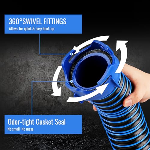 10 FT RV Sewer Hose Kit: Female to Female Heavy Duty Camper Waste Hose with Leak-Proof Swivel Fittings, 90° Clear Elbow, 4-in-1 Adapter, TPE Tech for Crush-Proof and UV-Resistant (Blue) - size: 10FT (Female to Female)