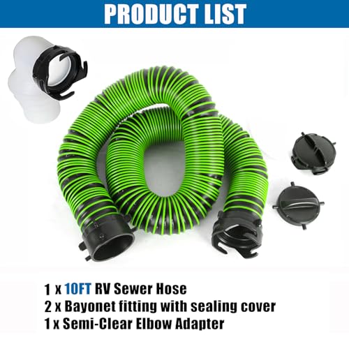 10FT RV Sewer Hose with Bayonet Fittings and 4-in-1 Adapter Elbow - color: Green, size: 10FT