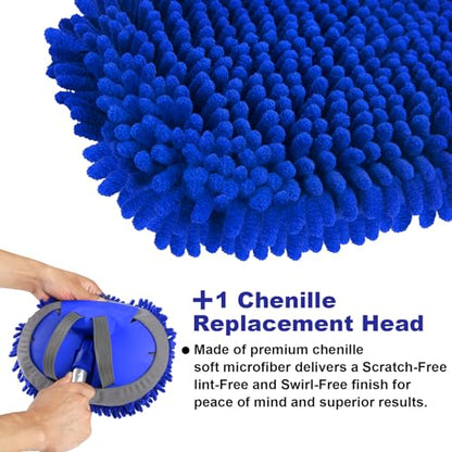 anngrowy 62" Microfiber Car Wash Brush with Long Handle Car Washing Mop Kit Mitt Sponge Car Cleaning Supplies Kit Duster RV Washing Car Brush Accessories, 1 Chenille Scratch-Free Replacement Head - color: Blue