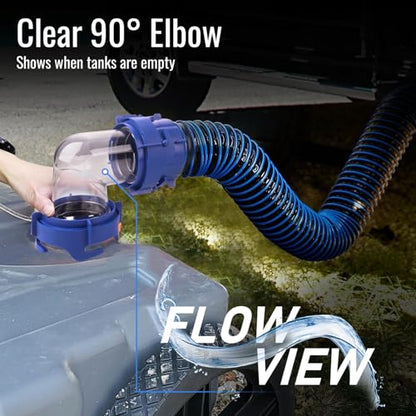 10 FT RV Sewer Hose Kit: Female to Female Heavy Duty Camper Waste Hose with Leak-Proof Swivel Fittings, 90° Clear Elbow, 4-in-1 Adapter, TPE Tech for Crush-Proof and UV-Resistant (Blue) - size: 10FT (Female to Female)
