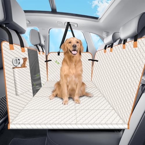 Dog Car Seat Cover for Back Seat, Hard Bottom Holds 420lbs Dog Hammock for Cars SUVs Trucks, Easy to Clean, Waterproof Scratch-Proof Nonslip Backseat Extender for Dogs 4 Panels - color: Beige, size: For Cars/ Mid-Size SUV/ Small Truck