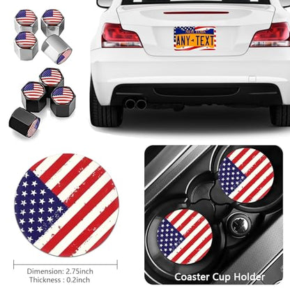 American Flag License Plate Frame Holder - 2 Pack Universal Aluminum US Flag Patriotic Car License Plate Frame with Screws Fasteners Caps, 8 Metal Car Valve Caps and 2 Cup Coaster - color: American flag A