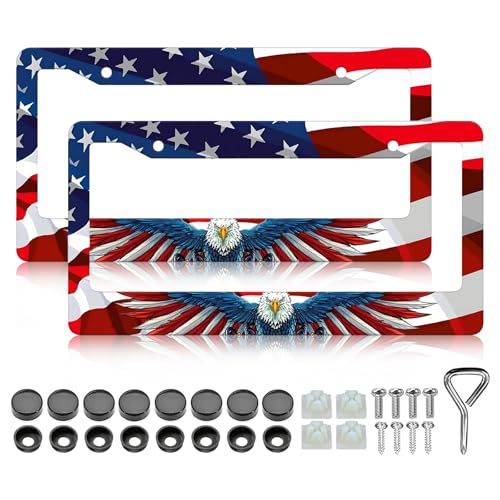 American Flag Eagle License Plate Frames - 2 Pack Patriotic US Flag Eagle License Plate Frame Holder Car Plate Frame Covers with Screws Fasteners Caps - color: American Flag Eagle C