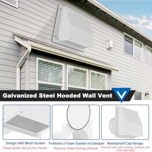 6 Inch Hooded Wall Vent with Screen and Damper, Galvanized Steel Wall Vent Cover White Metal Hood Cap Exhaust Duct Pipe Kit with Hose Clamp Aluminum Foil Tape Screw for Laundry Room Bathroom Basement - color: White, size: 6 Inch