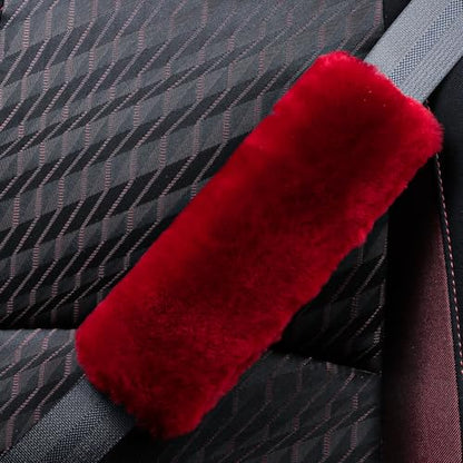 AOGELAN Fluffy Fuzzy Genuine Sheepskin Car Seat Belt Covers for Soft Auto Lambswool Seatbelt Pads, Shoulder Strap Cushion Adults Kids (2, Red) - color: Red