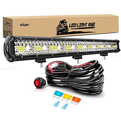 Nilight Led Light Bar 26Inch 540W Triple Row 50000LM Flood Spot Combo Off Road Driving Lights with 14AWG Heavy Duty Wiring Harness for Boat Truck Jeep UTV ATV Car, 2 Years Warranty - color: 26Inch light White +Wiring Harness