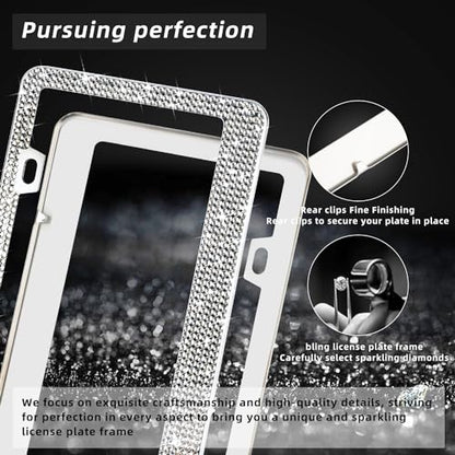 OKLPF White Bling License Plate Frames for Women, 2 Pack, Clear Rhinestone - color: white
