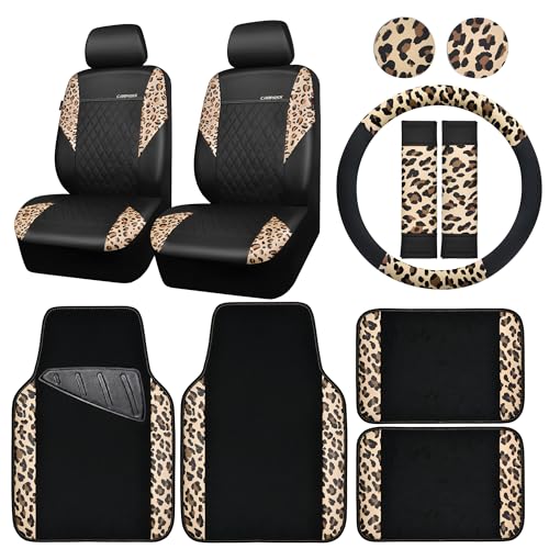 CAR PASS Leopard Print Faux Leather Car Seat Covers & Leopard Car Mats&Leopard Steering Wheel Cover Seat Belt Pad Universal Car Accessories for SUV,Van,Saden,Truck Automobile Interior Sets - color: Leopard combo
