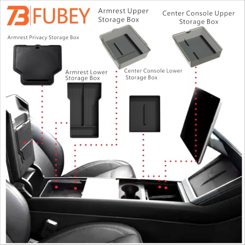 Tesla Model 3 Highland Center Console Organizer 5-Piece Set, 2024-2026 Model 3 Armrest Storage Box & Lower Tray, Hidden Secret Compartment, ABS Anti-Slip Insert - Black - style: Storage Box Model 3 Highland