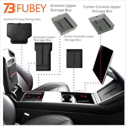 Tesla Model 3 Highland Center Console Organizer 5-Piece Set, 2024-2026 Model 3 Armrest Storage Box & Lower Tray, Hidden Secret Compartment, ABS Anti-Slip Insert - Black - style: Storage Box Model 3 Highland