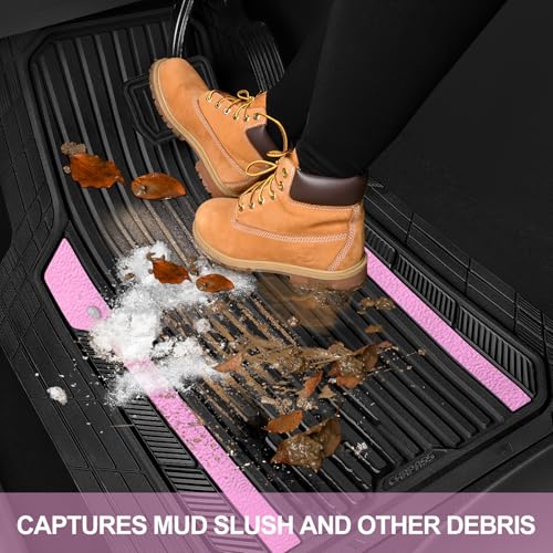 CAR PASS Heavy Duty Rubber Car Mats Metallic, Aluminum Film Cute All Weather Floor Mats Waterproof Universal Trim to Fit for SUV Sedan Van 4 Piece Deep Dish Two-Tone Sporty Black Light Pink Chrome - color: Black Light Pink
