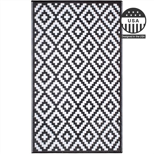 FH Home Outdoor Camping Rug - Waterproof, Fade Resistant, Reversible - Premium Recycled Plastic - Geometric - Patio, Deck, Sunroom, RV - Aztec - Black & White - 5 x 8 ft Foldable - color: Aztec - Black & White, size: 5' x 8' (Rectangular)